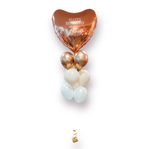 Ballontraube aus personalisiertem XXL-Folienherz in gold & 9 Latexballons in chrom gold, sand & pearl weiß