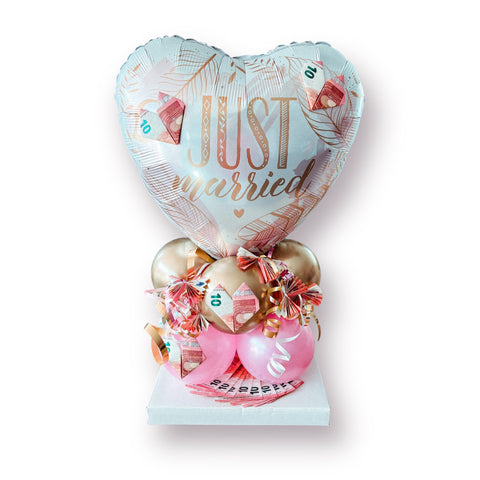 Ballongestell zur Hochzeit | Just Married Folienherz | Latexballons pearl fuchsia & chrom gold
