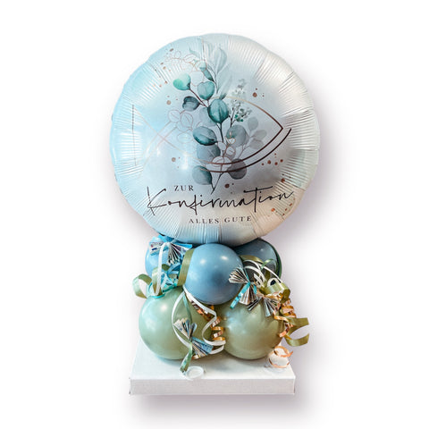 Ballongestell zur Konfirmation | Zur Konfirmation alles Gute Folienballon | Latexballons in storm blue & eukalyptus