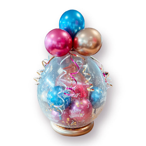Geschenkballon zum Geburtstag | Happy Birthday | ca. 55cm | in chrom gold, chrom pomegranate & chrom blau