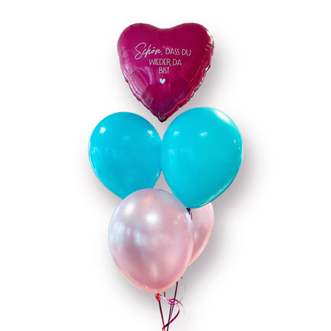 Ballontraube aus personalisiertem pinken Folienherz & Latexballons in türkis & pearl rosa