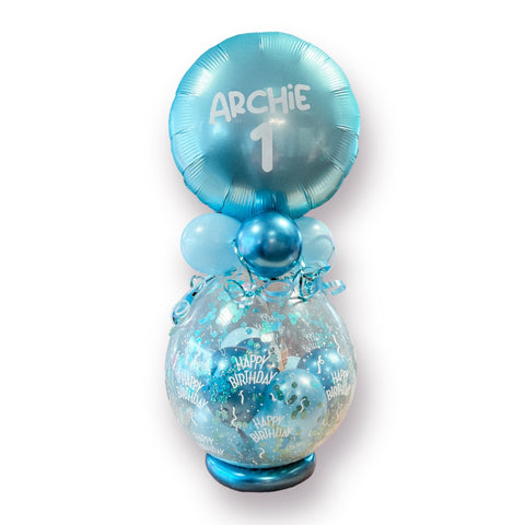 Geschenkballon zum Geburtstag mit personalisiertem Folienballon rund | Happy Birthday | ca. 95cm | in chrom blau, caribbean blue & türkis