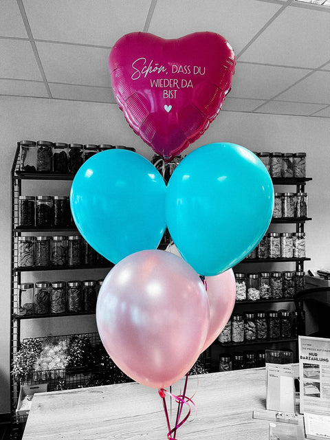 Ballontraube aus personalisiertem pinken Folienherz & Latexballons in türkis & pearl rosa
