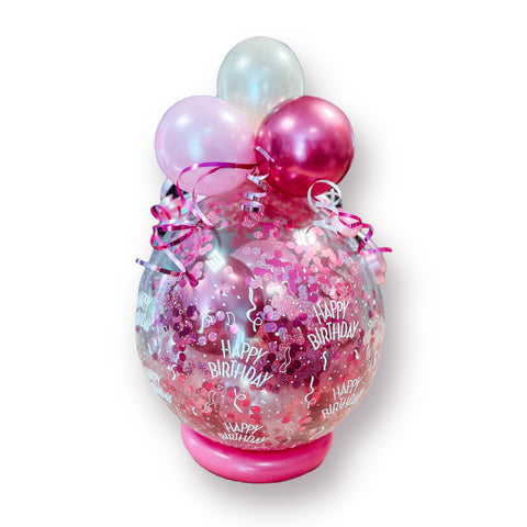 Geschenkballon zum Geburtstag | Happy Birthday | ca. 55cm | in chrom pomegranate, satin fuchsia & pearl white