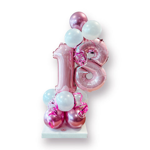 Ballongestell aus zwei Folienzahlen | rosa Folienzahlen | Latexballons in chrom mauve & pearl white