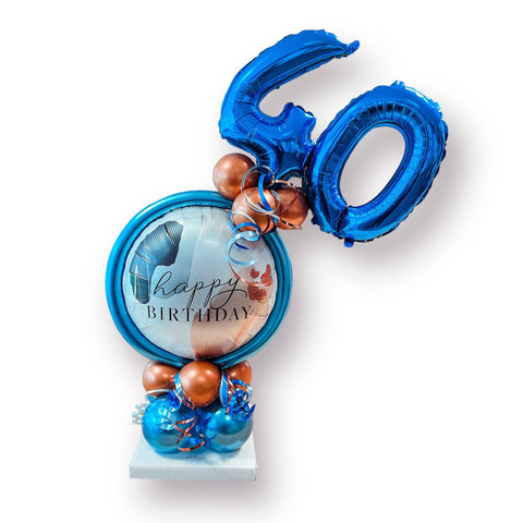 Kombi-Ballongestell aus einem Folienballon & zwei Folienzahlen | Happy Birthday Folienballon | Latexballons in chrom copper & chrom blau