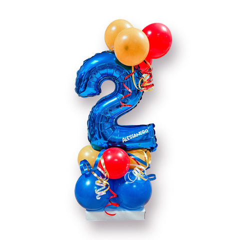 Ballongestell aus einer Folienzahl | blaue Folienzahl | kleine Latexballons in mustard, rot & blau (Paw Patrol Motto)