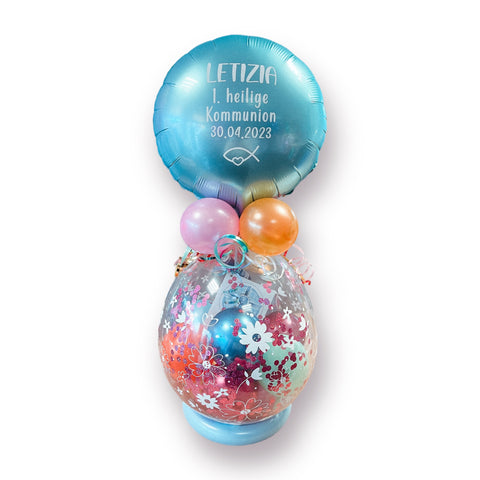 Geschenkballon zu jedem Anlass mit personalisiertem Folienballon rund | Blümchenmuster | ca. 95cm | in bunten Farben
