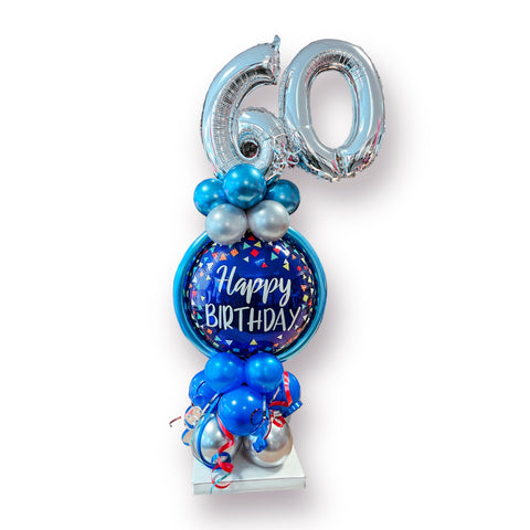 Kombi-Ballongestell aus einem Folienballon & zwei Folienzahlen | Happy Birthday Folienballon | Latexballons in chrom silber & chrom blau