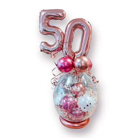 Geschenkballon zum Geburtstag mit zwei Folienzahlen | Happy Birthday | ca. 85cm | chrom pomegranate, chrom rosé & weiß