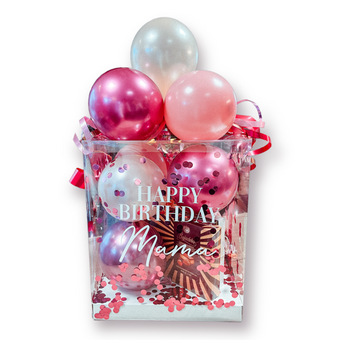Geschenkbox mit Luftballons in chrom pomegranate, rosewood & pearl peach