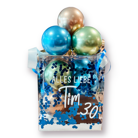 Geschenkbox mit Luftballons in chrom blau, chrom gold & chrom grün