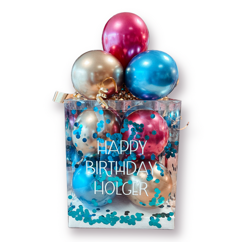 Geschenkbox mit Luftballons in chrom pomegranate, chrom blau & chrom gold