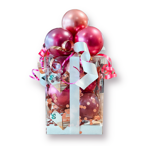 Geschenkbox mit Luftballons in sparkling burgundy, chrom pomegranate & chrom rosé
