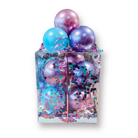 Geschenkbox mit Luftballons in chrom mauve, chrom lila & caribbean blue