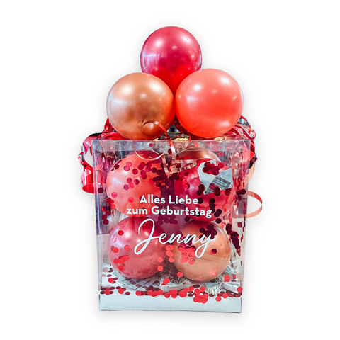 Geschenkbox mit Luftballons in chrom rot, chrom copper & pumpkin spice