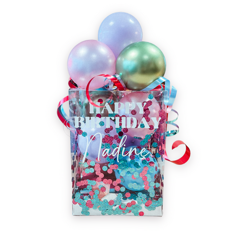 Geschenkbox mit Luftballons in chrom grün, pearl rosa, pastell flieder & pastell hellblau