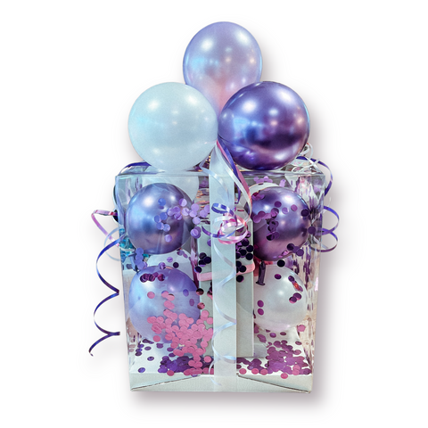 Geschenkbox mit Luftballons in chrom lila, pearl lila & pearl weiß