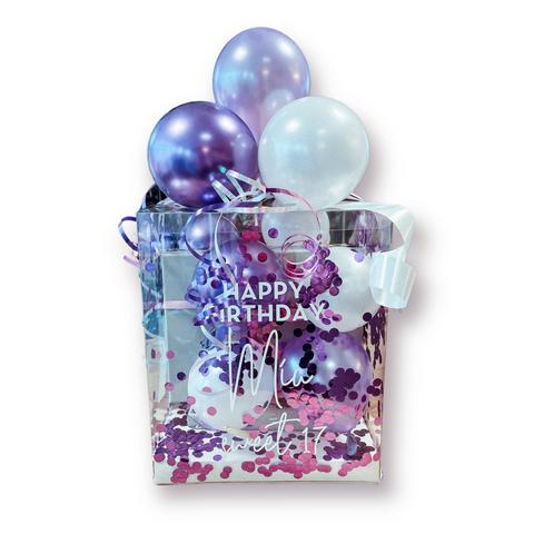 Geschenkbox mit Luftballons in chrom lila, pearl lila & pearl weiß