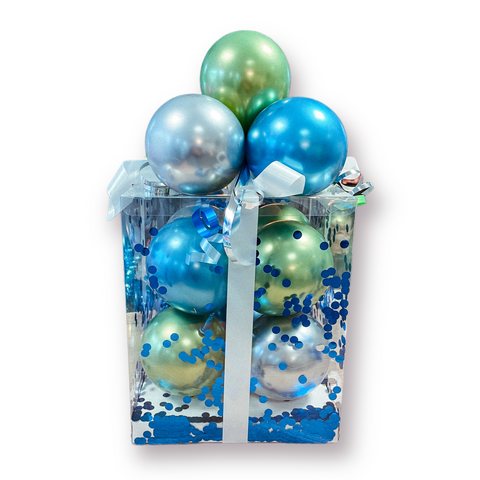 Geschenkbox mit Luftballons in chrom blau, chrom silber & chrom grün