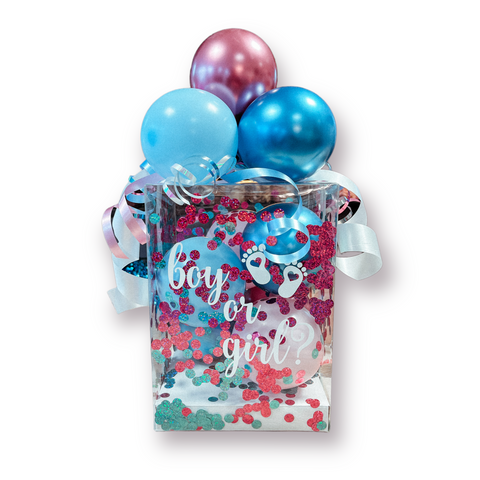 Geschenkbox mit Luftballons in chrom blau, chrom mauve, pastell blau & pastell rosa