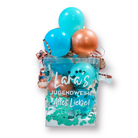 Geschenkbox mit Luftballons in türkis & chrom copper