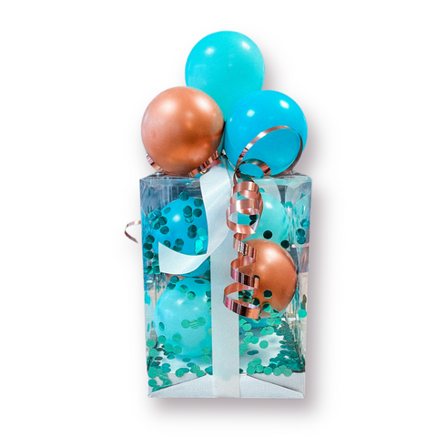 Geschenkbox mit Luftballons in türkis & chrom copper