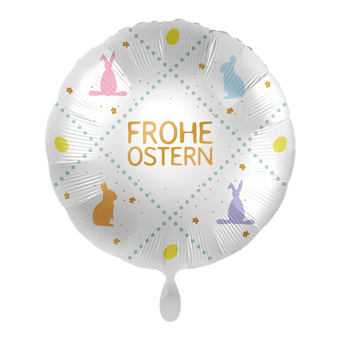 Folienballon Ostern | Frohe Ostern | weiß rund mit bunten Hasen | ca. 45cm | inkl. Heliumfüllung