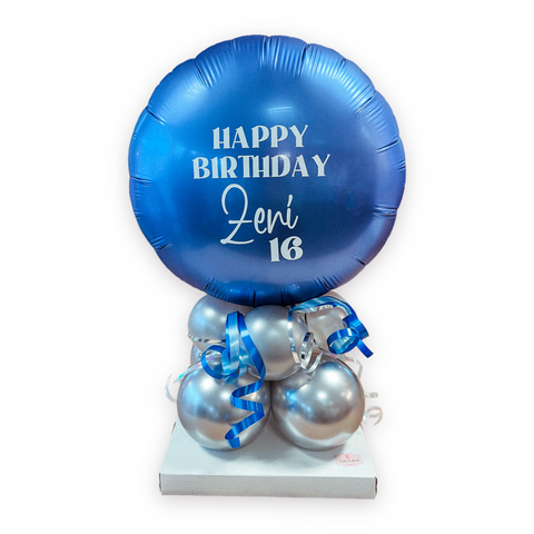 Ballongestell individuell personalisierbar | blauer runder Folienballon | Latexballons | mit zwei Silbertönen