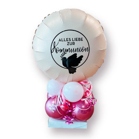 Ballongestell zur Kommunion | Bedruckter Folienballon rund | Latexballons | in pastellrosa & chrom pomegranate