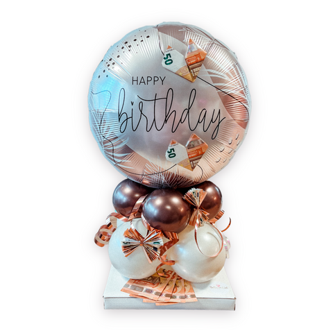 Ballongestell zum Geburtstag | Happy Birthday Folienballon | Latexballons in sand und chrom braun